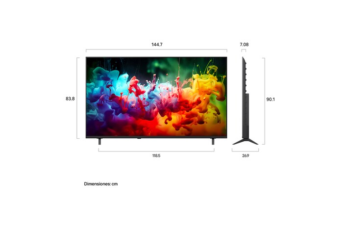 LG QNED AI QNED74 Mini LED shown in front and side views highlights a 65-inch display with a 1447 mm-wide screen, 838 mm screen height, 901 mm height with stand, a 70.8 mm profile depth, and a stand footprint measuring 1185 by 269 mm.